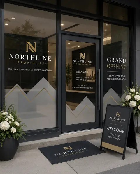 Retail storefront with printed window graphics, printed door decals and an A-frame sidewalk sign