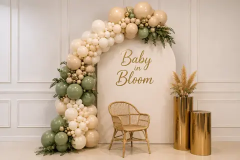 Arched floral backdrop with hand-lettered signage, balloons and a dessert table for a private celebration