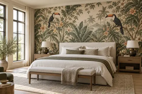Primary bedroom with a tropical wallcovering of toucans and foliage behind a tall upholstered headboard