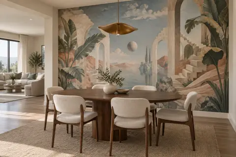 Dining room with a pastel surrealist mural of arches, ruins and palms behind a round table and cream chairs
