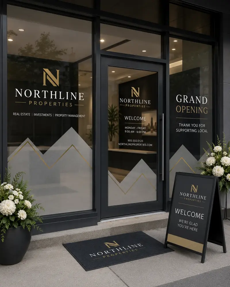 Retail storefront with printed window graphics, printed door decals and an A-frame sidewalk sign