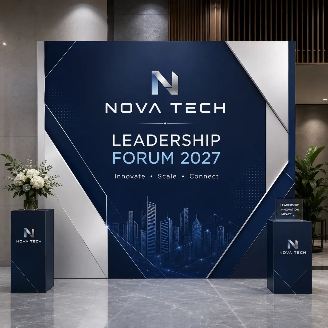 Printed conference backdrop wall flanked by matching branded podium panels