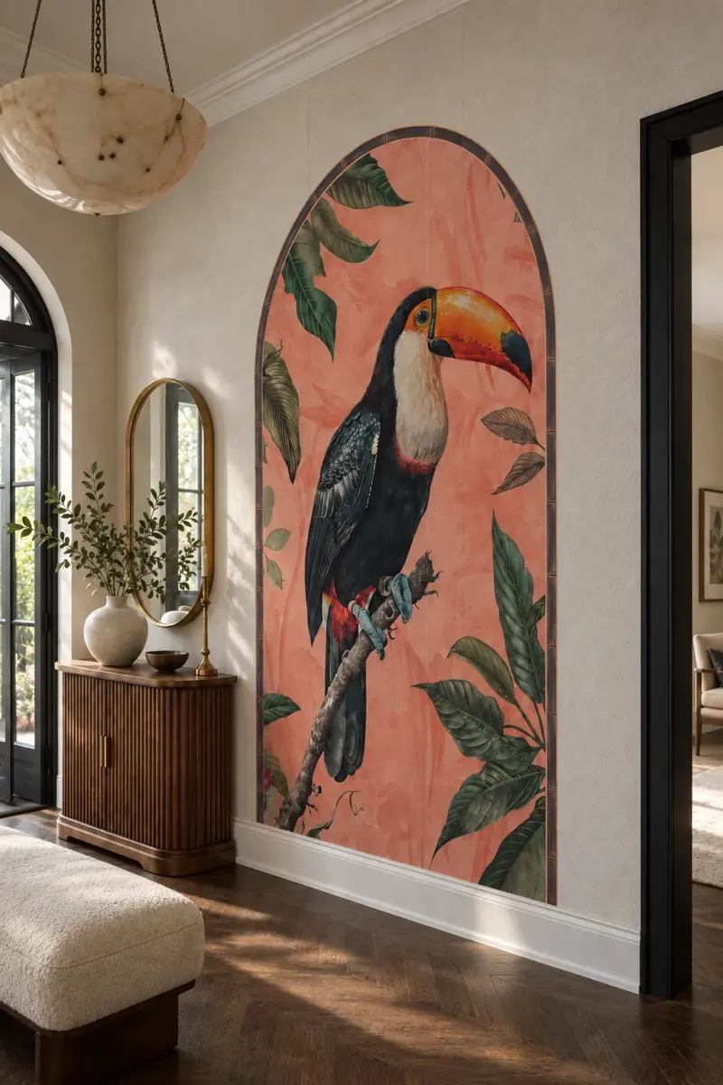 Entry hallway with an arch-shaped coral wallcovering panel featuring a large painted toucan