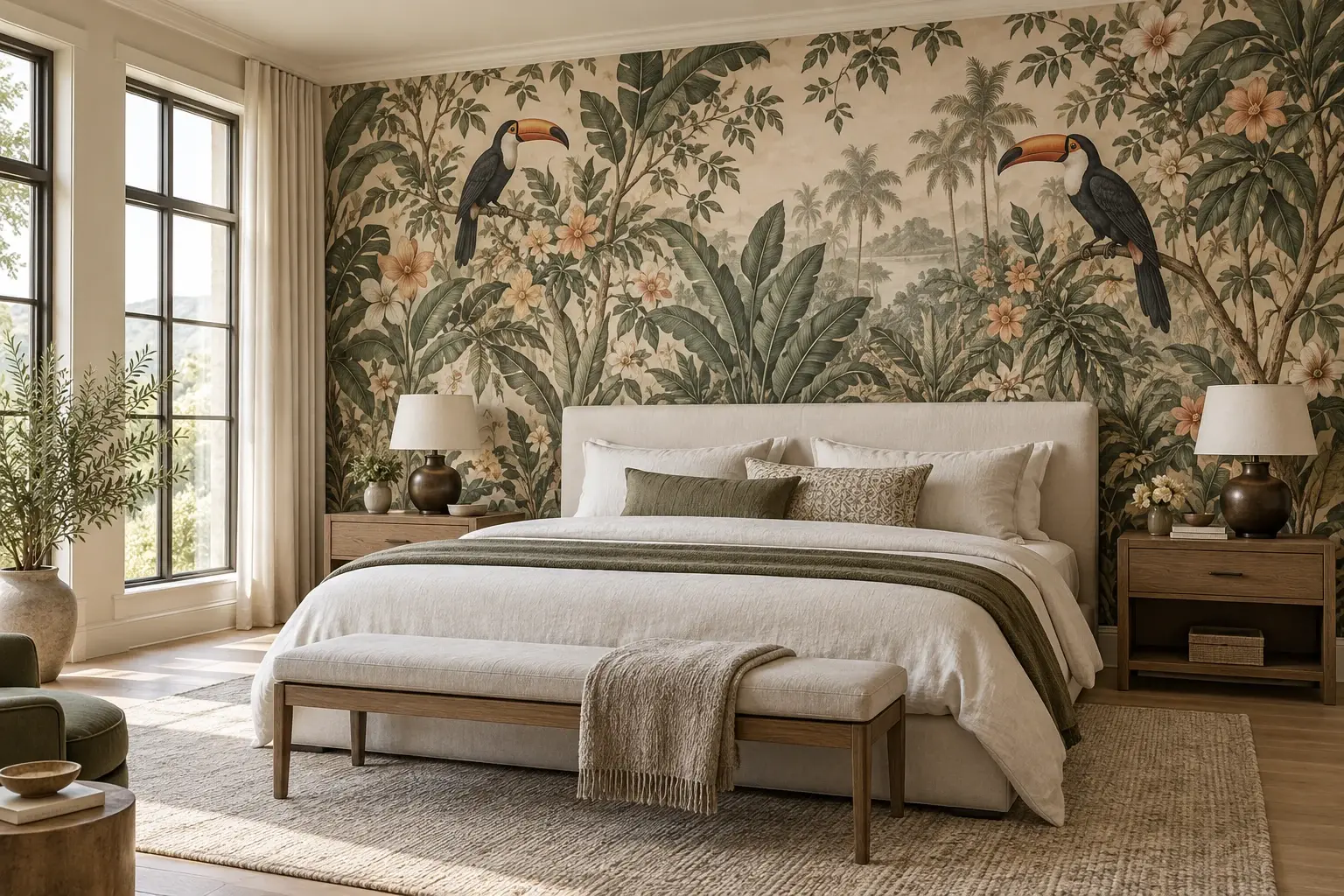 Bedroom mural of toucans among palms and foliage covering the wall behind an upholstered bed