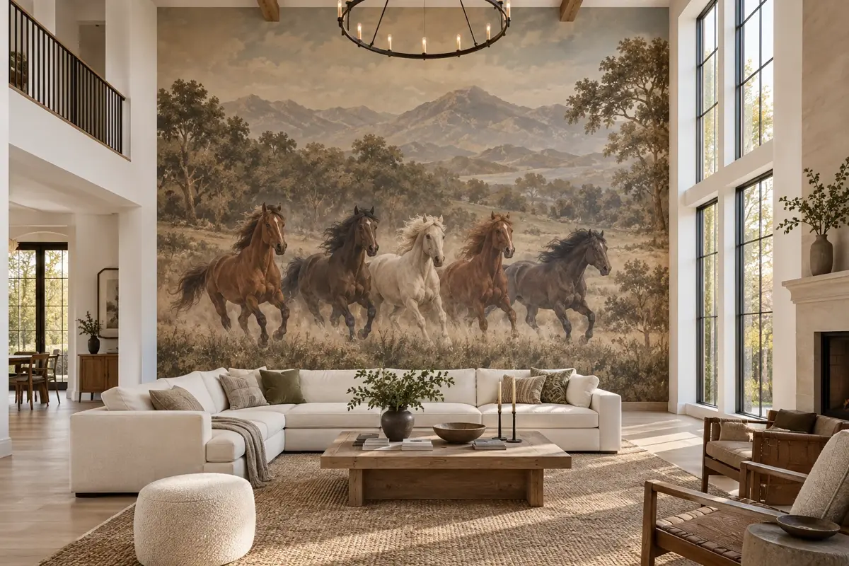 Double-height living room with a painterly landscape mural of running horses filling the wall above a sectional sofa
