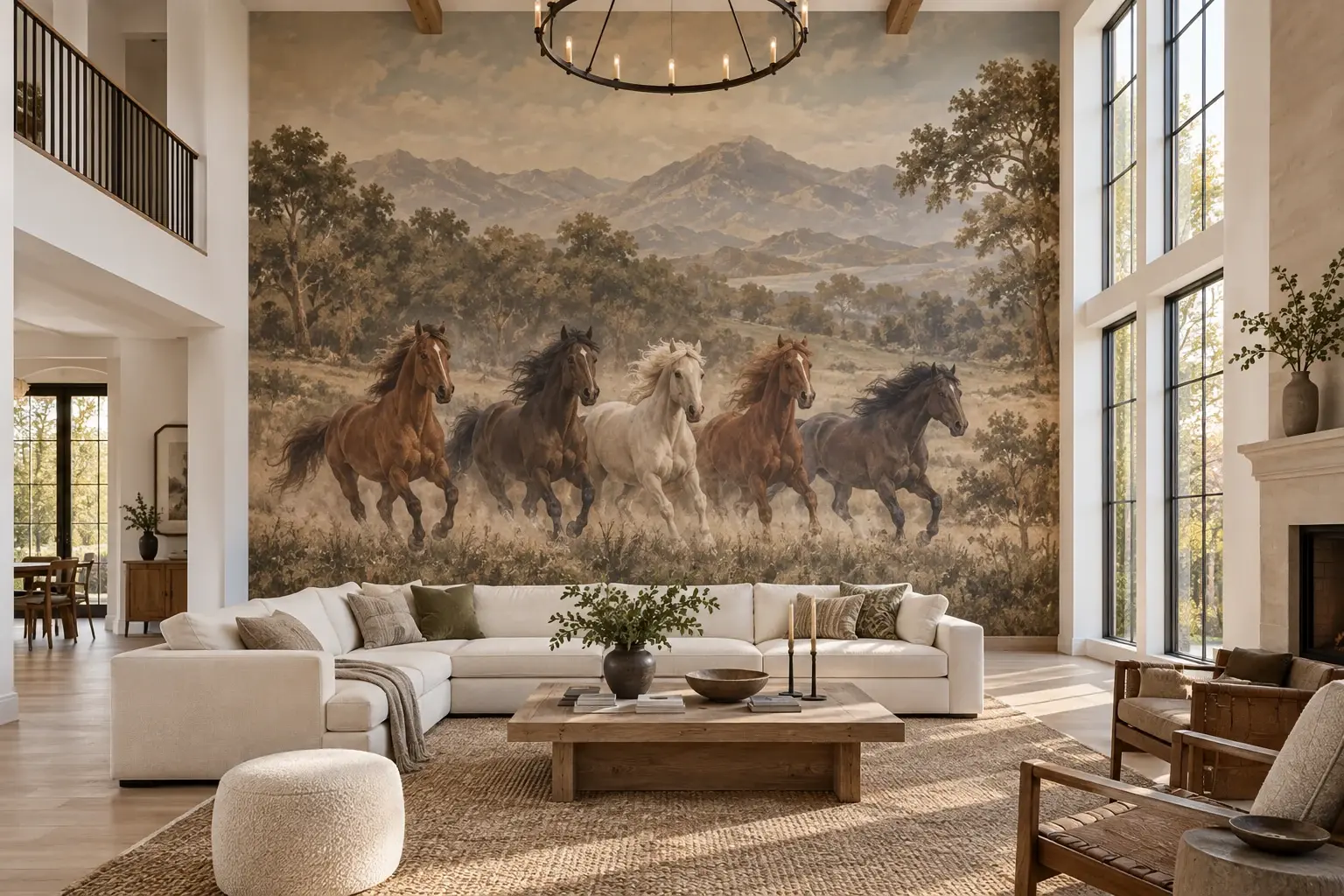 Living room with a painterly mural of running horses printed across the full wall above a sectional sofa